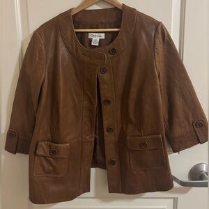 Calvin Klein Women's Brown 100% Genuine Leather Jacket, 3/4 sleeves, large
